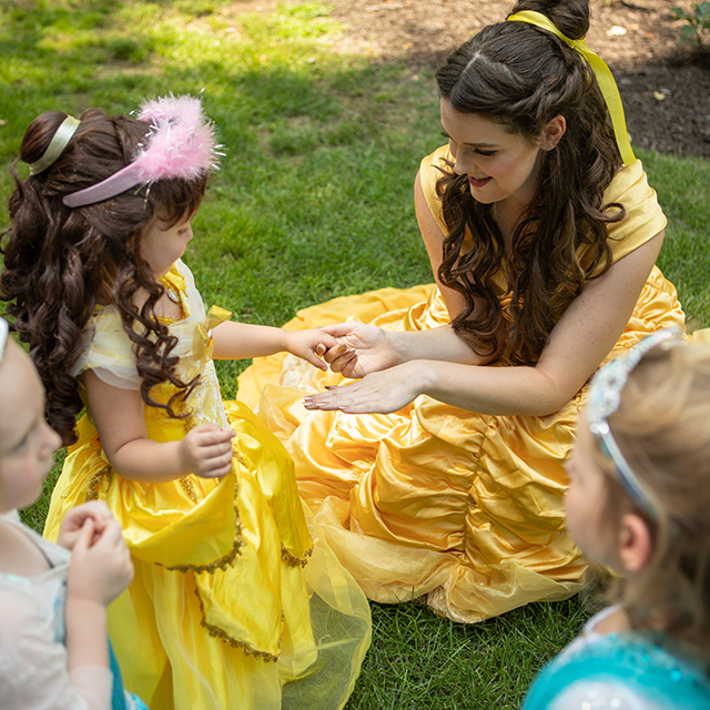 Belle will show up in a beautiful costume provided by The Princess Party Co.